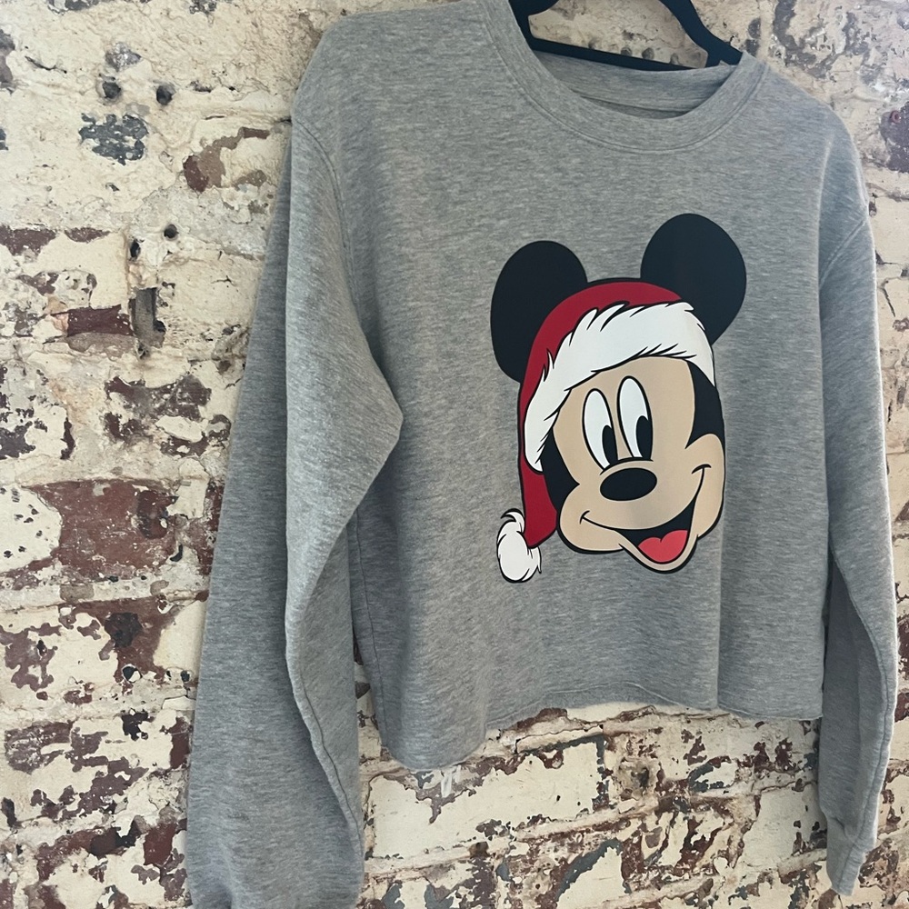 Disney Mickey Mouse Heather Gray cropped Sweatshirt Mickey Santa Hat Sz L - Picture 4 of 9